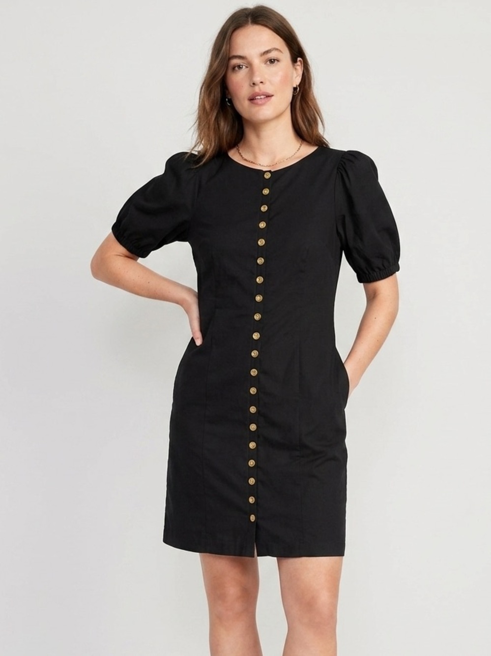 J Crew Sz 4 Black Linen Viscose Gold Button Puff Sleeves Little Black Dress